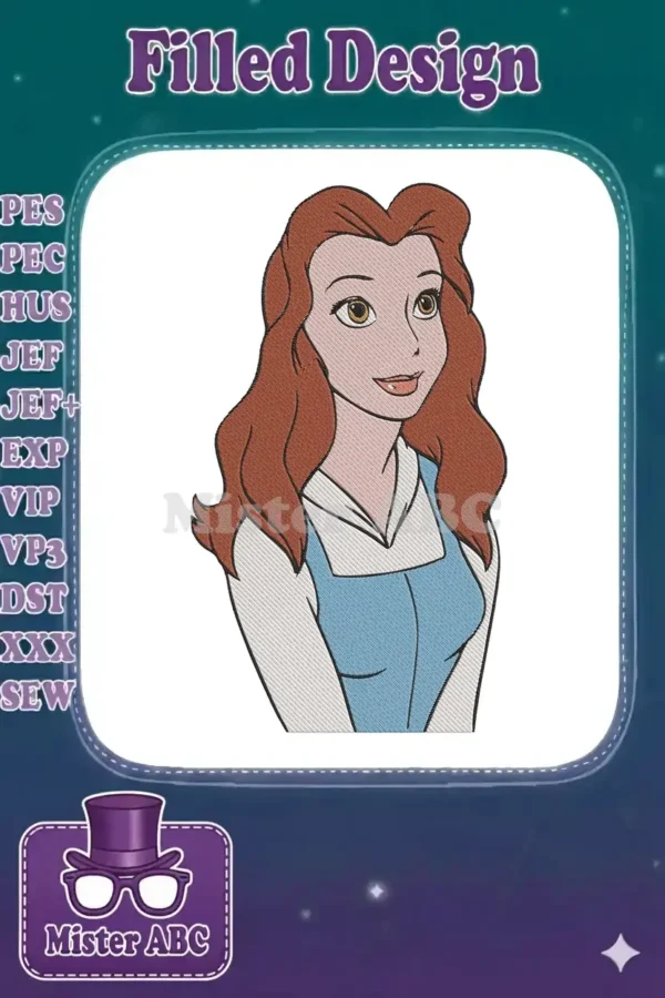 Close-up embroidery design of Belle from Beauty and the Beast, featuring her brown hair and blue provincial dress.