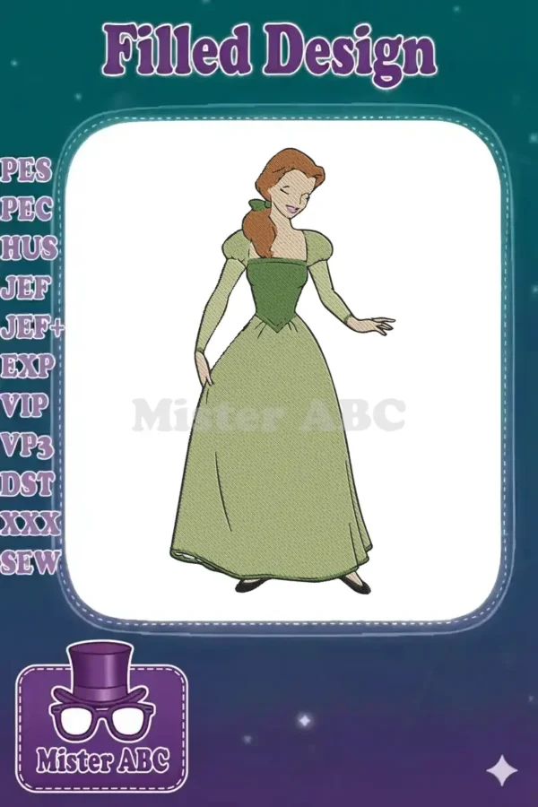 Full-body embroidery design of human Princess Fiona from Shrek in her iconic green medieval dress, smiling gently.