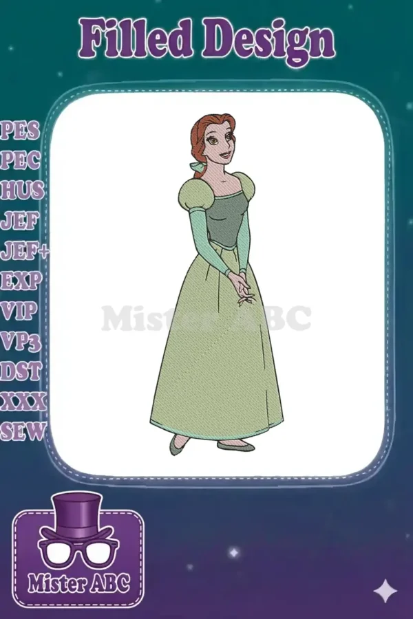 Full-body embroidery design of Belle from Beauty and the Beast, in a sage green dress, standing gracefully.