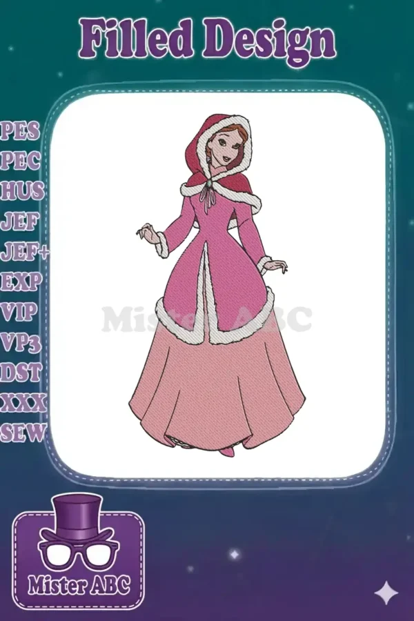 Belle from Beauty and the Beast in a beautiful pink winter coat with a red hood and white fur trim, standing gracefully.