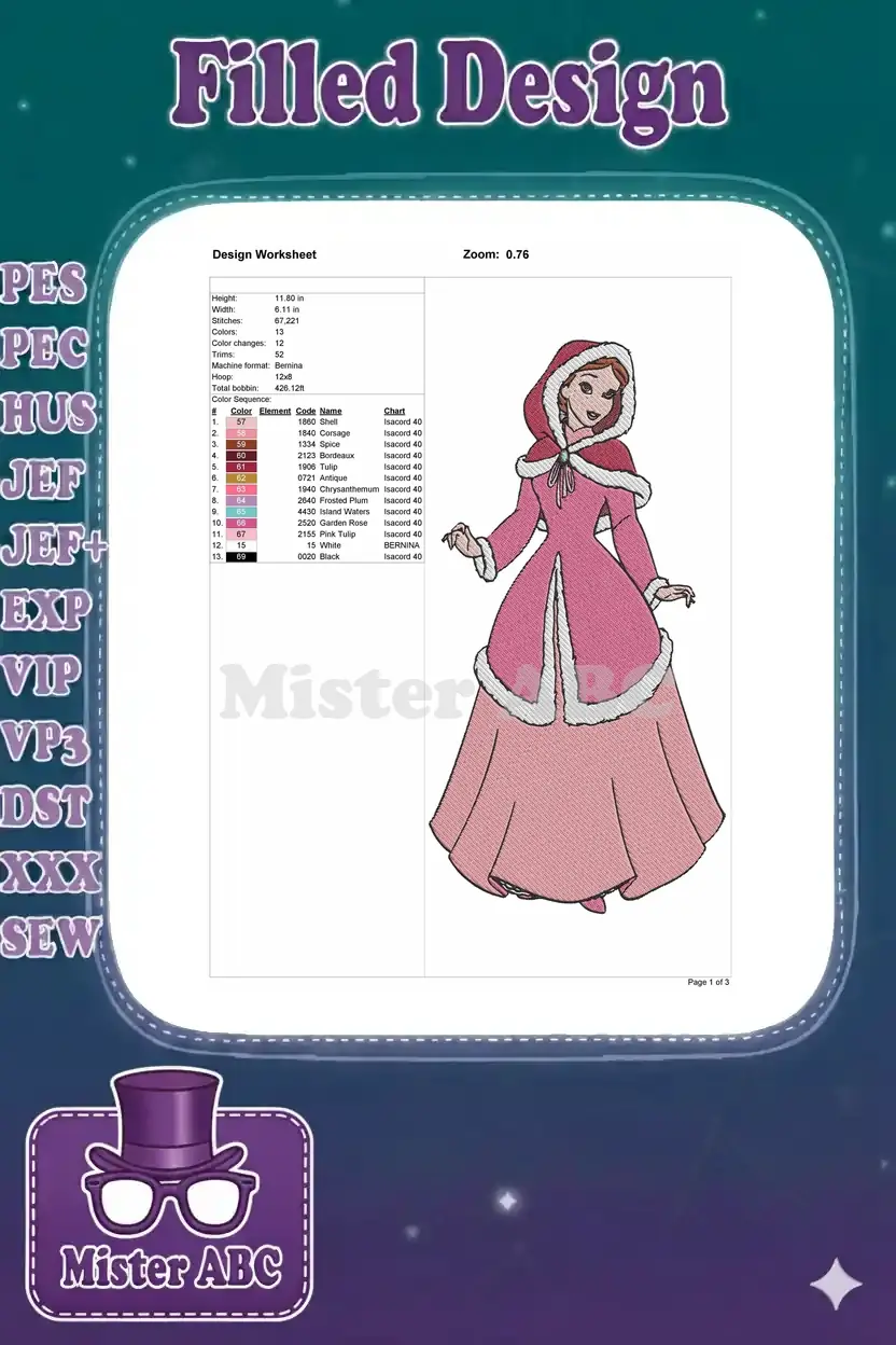 Detailed embroidery design worksheet for Belle's winter coat, showing dimensions, stitch count, color changes, and thread chart.