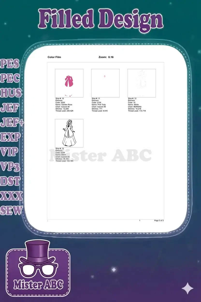 Second part of the embroidery color film, detailing the final stitch elements and thread usage for the Belle winter design.