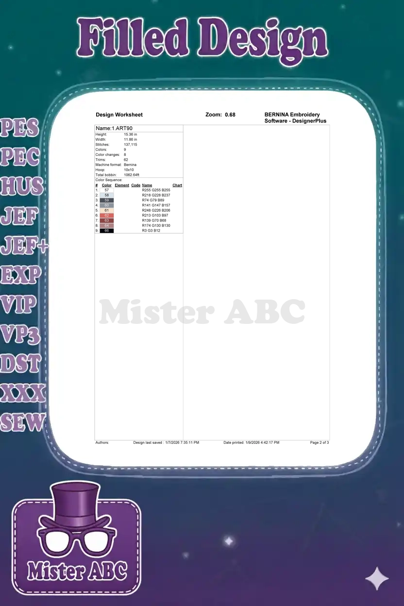 A detailed Bernina embroidery design worksheet showing dimensions, stitch count, color sequence, and thread codes.