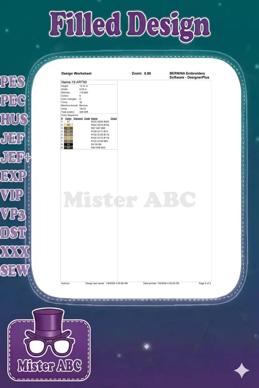 Detailed design worksheet for the Lila Bluey embroidery, showing dimensions, stitch count, colors, and machine specifications.
