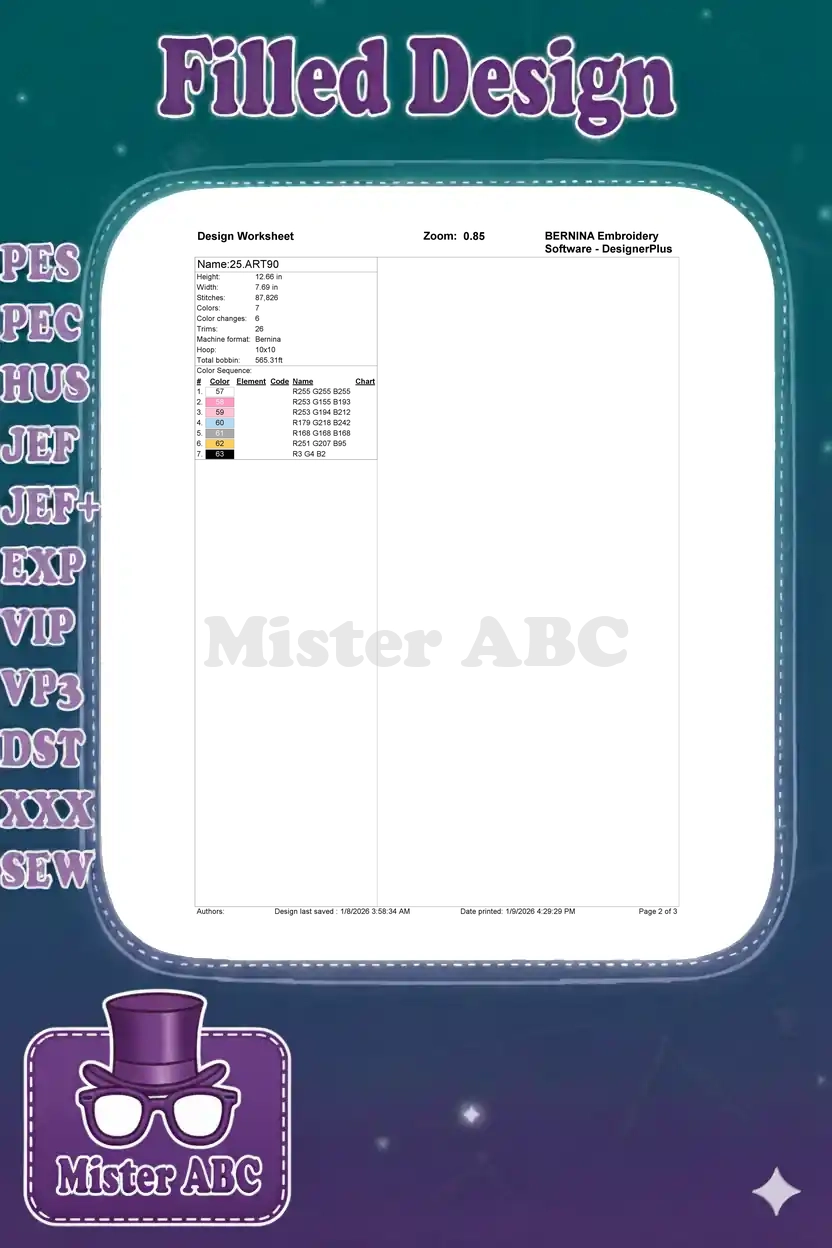 Embroidery design worksheet for the Bluey pink poodle, showing dimensions, stitches, colors, and sequence.