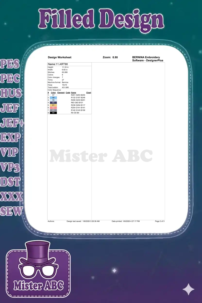 Detailed embroidery design worksheet for Bluey, showing dimensions, stitch count, color changes, and thread codes.