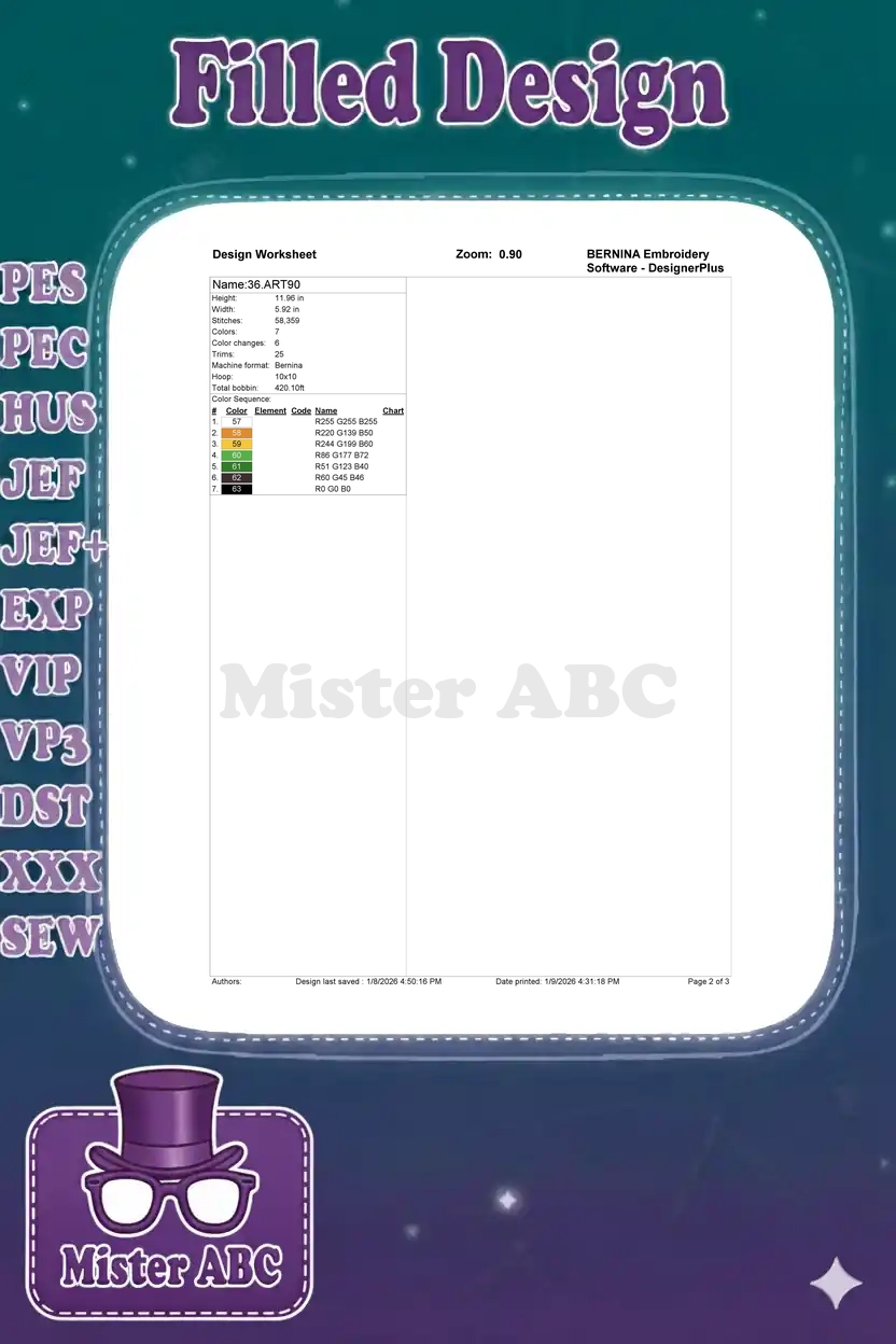 Embroidery design worksheet for Bluey's Bingo, showing dimensions, stitch count, color changes, and thread chart.
