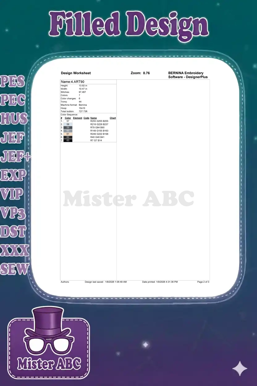 An embroidery design worksheet for Muffin Heeler, detailing dimensions, stitch count, color sequence, and machine info.