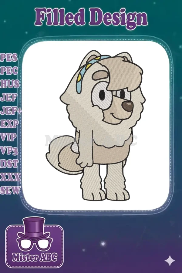 A vibrant fill embroidery of Chloe from Bluey, featuring a light brown dog with a distinctive blue headband.