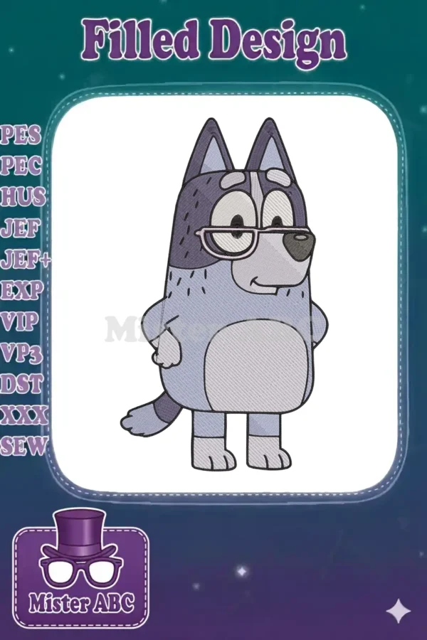 High-quality fill embroidery design of Bluey's dad, Bandit Heeler, wearing stylish pink glasses.