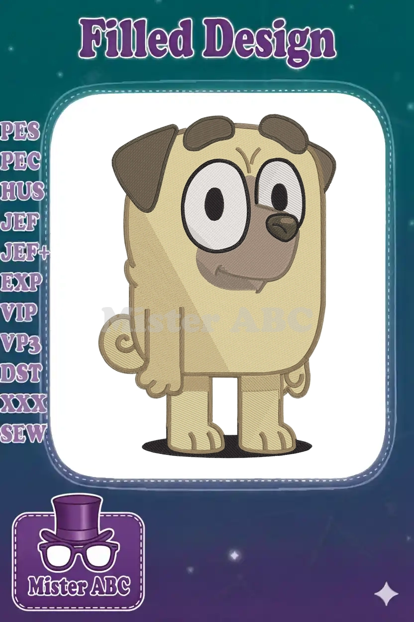 A charming fill embroidery of Lila, the pug-like character from Bluey, featuring detailed stitching and expressive eyes.