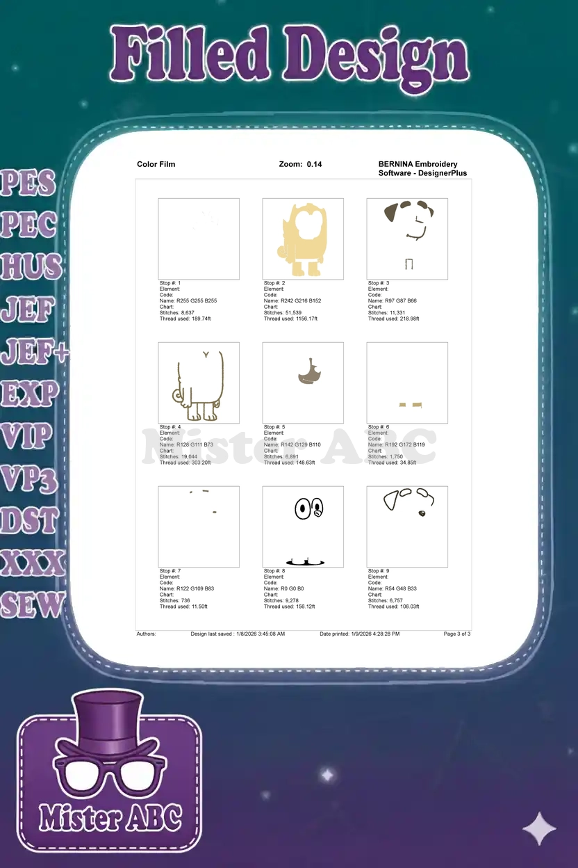 Color film breakdown illustrating the 9-step embroidery process for Lila from Bluey, showing each thread application.