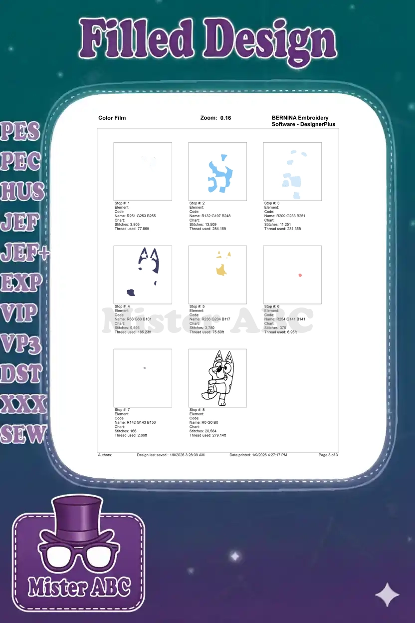 Color film sequence for the Bluey embroidery design, illustrating the stitch order and color application process.