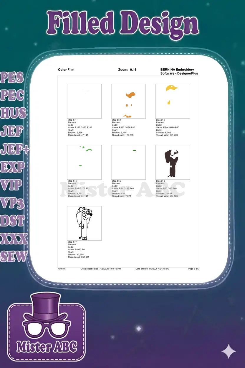 Color film sequence for the Bluey Bingo fill embroidery, showing individual stitch stops and thread usage.