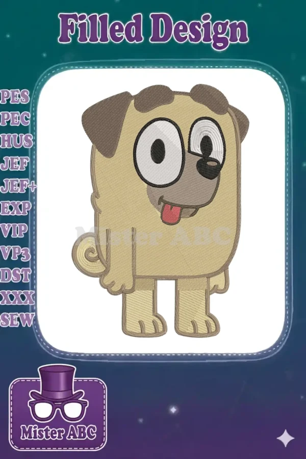 A delightful Bluey-inspired fill embroidery design featuring a cheerful, cartoon-style pug with playful eyes and tongue.