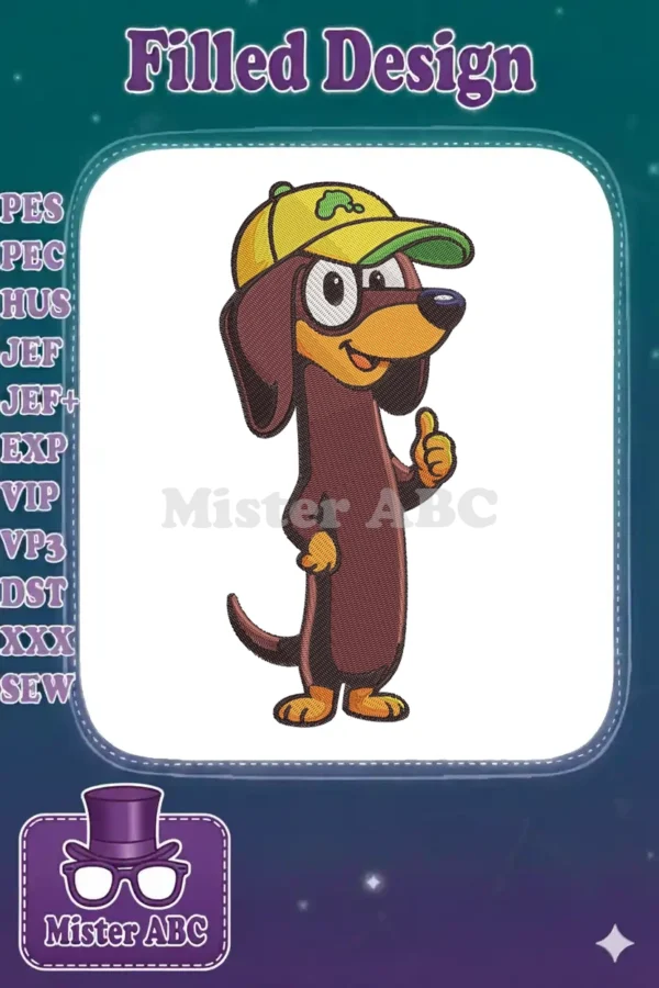 Vibrant fill embroidery of a cheerful dachshund dog wearing a yellow and green cap, giving a friendly thumbs up.