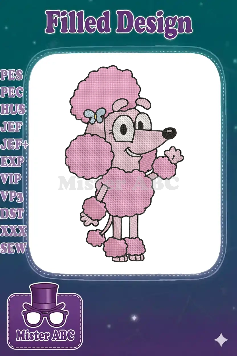 A cheerful pink poodle character from Bluey, rendered in detailed fill embroidery, waving on a white background.