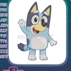 A vibrant Bluey character in a playful waving pose, rendered as a high-quality fill embroidery design.