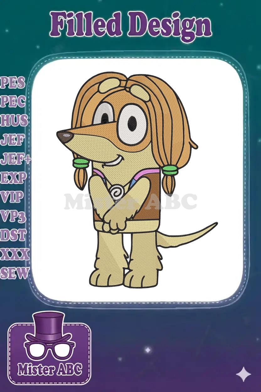 Adorable Bluey character Chloe in a vibrant fill embroidery design, showcasing intricate details and cheerful expression.