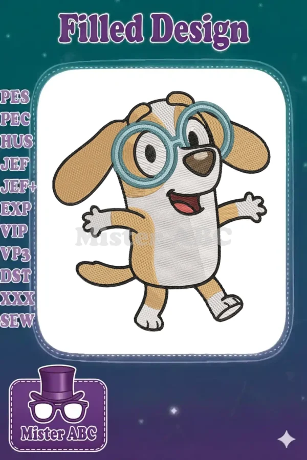 A vibrant fill embroidery of Bingo from Bluey, happily walking and wearing light blue round glasses, detailed stitching.