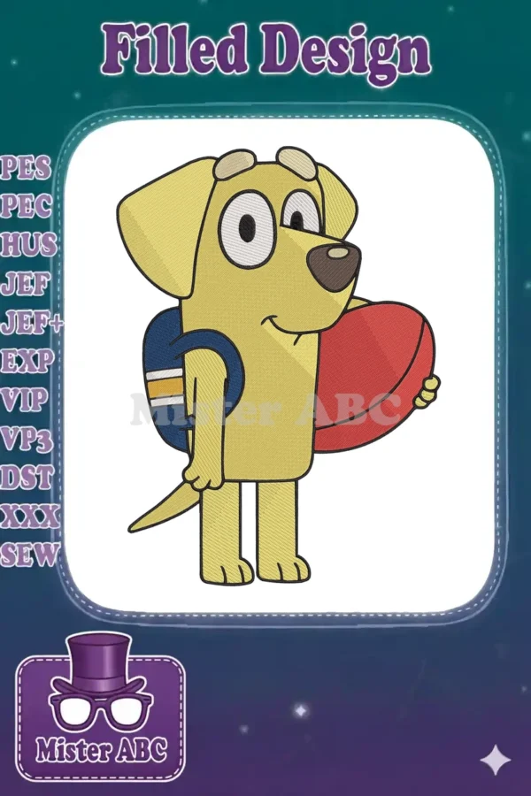 A vibrant fill embroidery design of Lucky from Bluey, wearing a backpack and holding a red ball, ready for play.