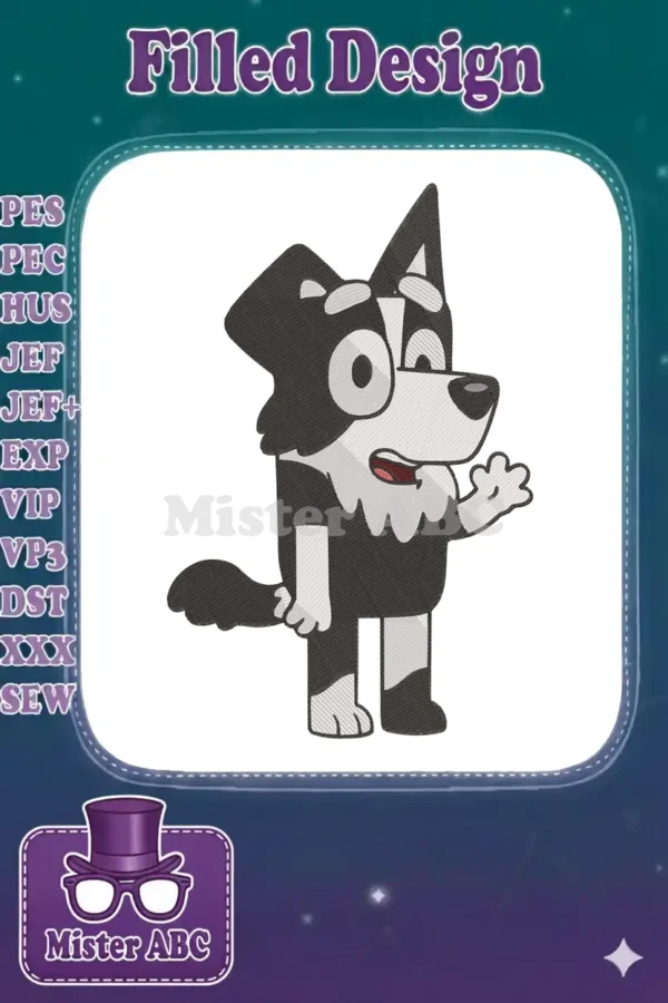 A detailed fill embroidery design of Judo from Bluey, a black and white dog, standing with an expressive face.