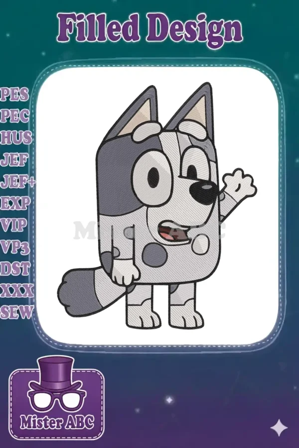 A detailed fill embroidery design of Bingo from Bluey, showcasing her playful pose and accurate color palette.