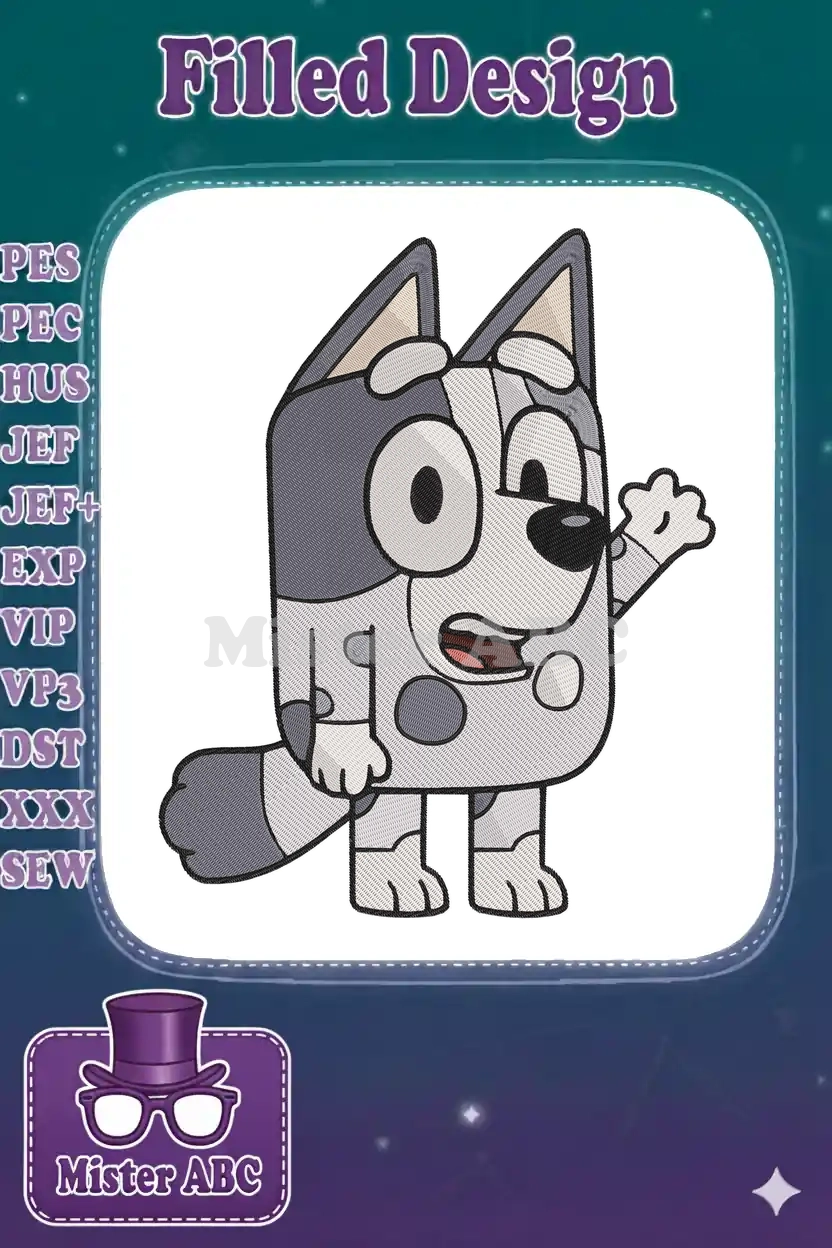 A detailed fill embroidery design of Bingo from Bluey, showcasing her playful pose and accurate color palette.