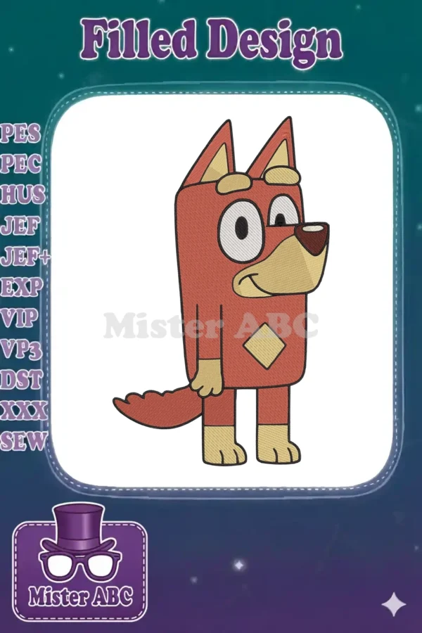 Full body view of Radley Heeler from Bluey, rendered as a detailed fill embroidery design with vibrant colors.