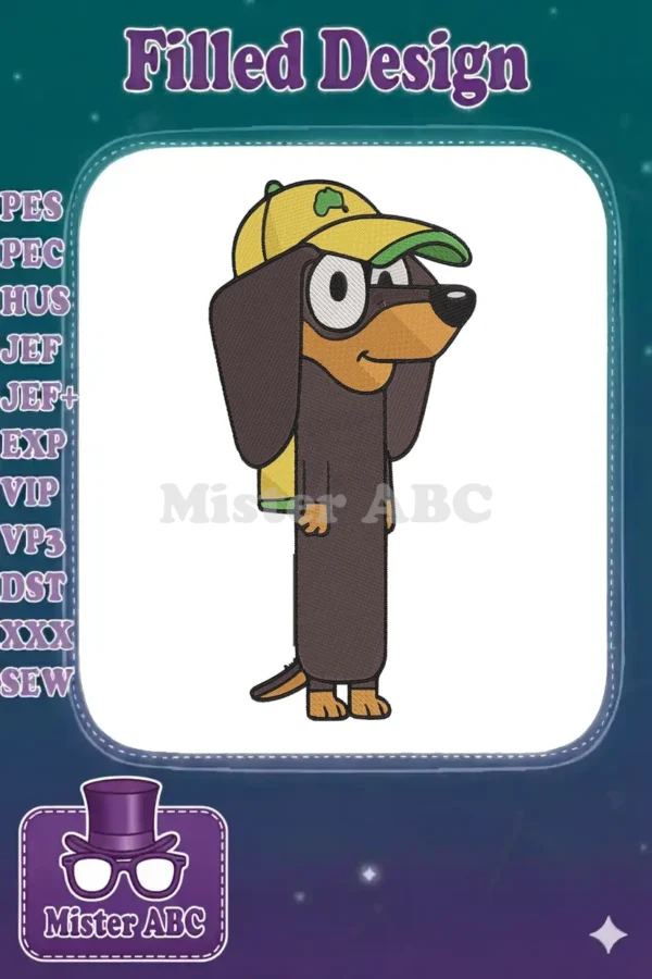 Detailed fill embroidery design of Bluey's Bingo, a brown dachshund wearing a yellow and green cap, facing right.