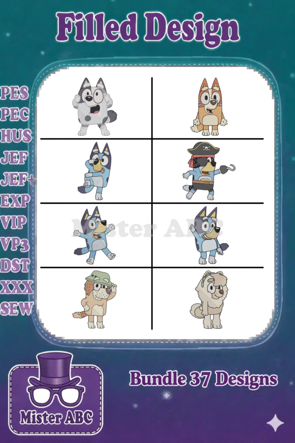 Vibrant Bluey fill embroidery design bundle featuring 8 popular characters like Bingo, Bluey, and Bandit. Includes multiple file formats for various machines.