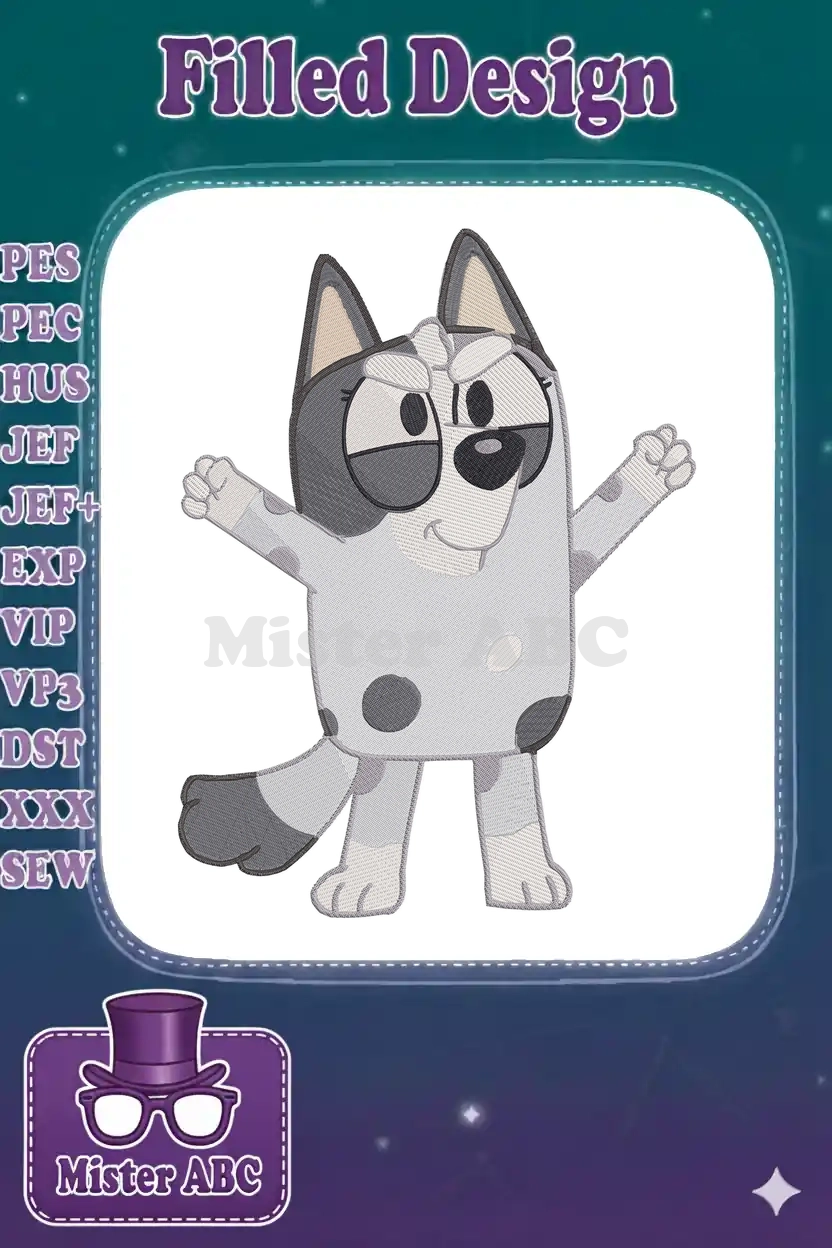 A vibrant fill embroidery design of Muffin Heeler from Bluey, depicted with expressive eyes and outstretched arms.