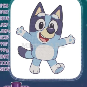 Vibrant Bluey fill embroidery design featuring the cheerful character with arms outstretched, ready for fun.