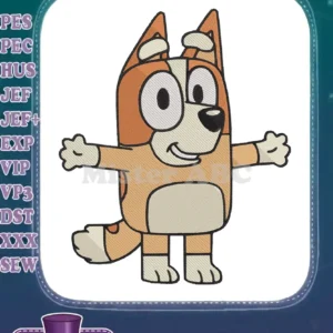 High-quality fill embroidery design featuring Bingo from Bluey, with outstretched arms and a cheerful expression. Perfect for kids' apparel.