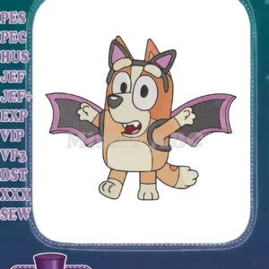 A delightful Bluey fill embroidery design of Bingo dressed as a bat, featuring vibrant colors and expressive details.