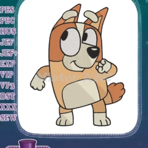 Vibrant Bingo from Bluey fill embroidery design, captured mid-action with a cheerful expression and rich textures.