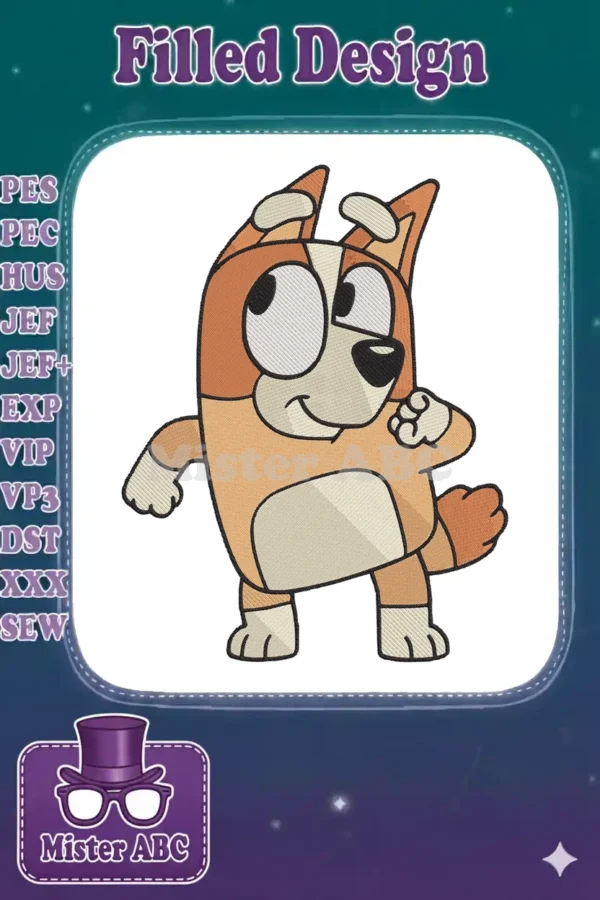 Vibrant Bingo from Bluey fill embroidery design, captured mid-action with a cheerful expression and rich textures.